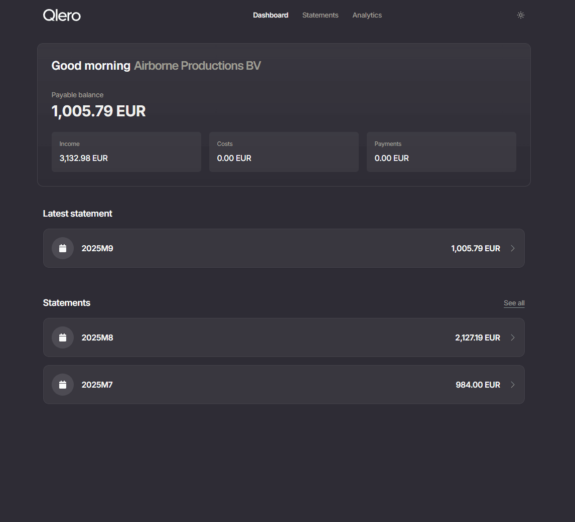Qlero payee portal dashboard with payable balance and statements